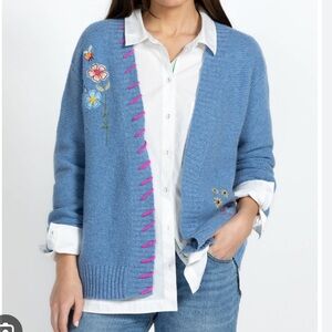 Johnny Was Blue Cardigan with Floral Embroidery